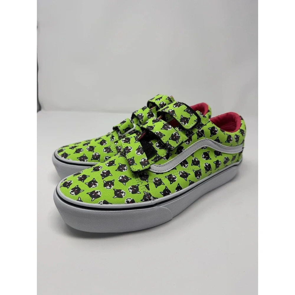 Vans Old Skool V PI Shoes Mens Size 10 Green Cat Print Canvas Straps